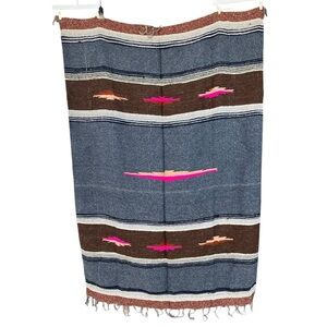 VTG Chimayo Serape Blanket Woven Wool Fringed Ends Southwestern Native 60” x 84”
